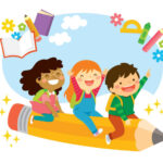 Happy School Kids Riding A Flying Pencil And Looking Excited About Learning